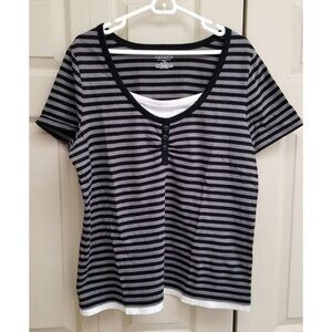 Lane Bryant neutral gray black white striped button fooler scoop neck t-shirt